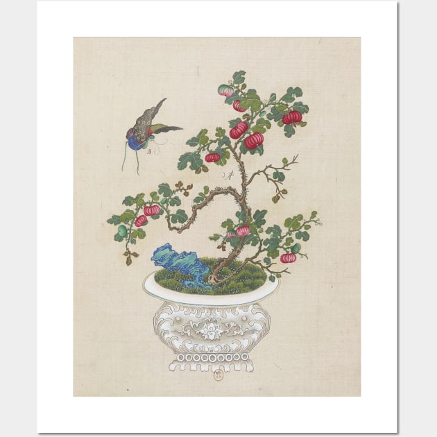 Vintage Chinese Bonsai Botanical Ink and Brush Painting-Flowers and Birds Wall Art by TheMingDesigns